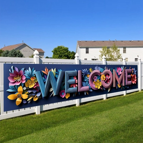 Welcome 3D Floral Outdoor Banner Large Polyester Decorative Yard Sign Welcome Home Garden Lawn Fence Party Backdrop Banner