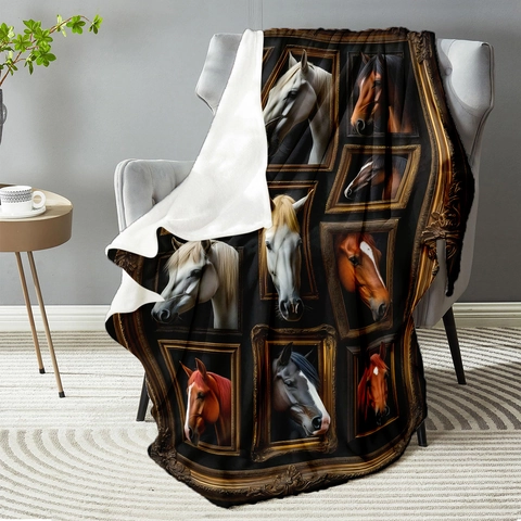 Vintage Pferd Porträt Galeriewand Bedruckt Flanell Decke Luxus Gold Rahmen Muster Weiche Dekorative Wohndecke Für Sofa Schlafzimmer Zuhause Dekoration