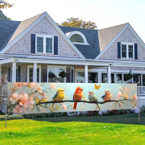 Frühling Sommer Blumen Vögel Garten Banner Outdoor Zaun Privatsphäre Bildschirm Polyester Floral Vögel Dekorative Wandbehang Hof Hintergrund