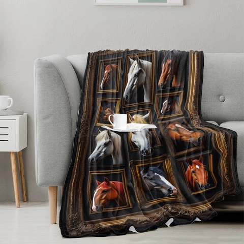 Vintage Pferd Porträt Galeriewand Bedruckt Flanell Decke Luxus Gold Rahmen Muster Weiche Dekorative Wohndecke Für Sofa Schlafzimmer Zuhause Dekoration