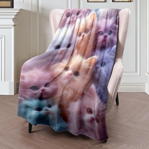 American Style Cute Cat Printed Flannel Blanket Soft Polyester Lightweight Throw Blanket For Bed Sofa Office Nap Travel