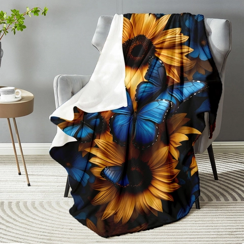 Zonnebloem Vlinder Digitale Print Flanellen Deken Zachte Warme Fleece Deken Voor Sofa Bed Huis Decoratieve Deken