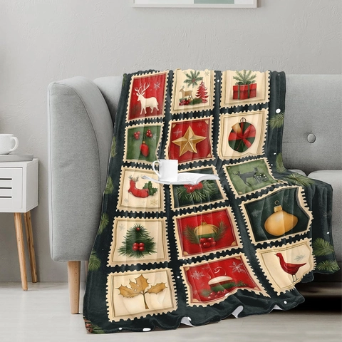 Vintage Christmas Stamp Pattern Flannel Blanket Soft Polyester Tapestry With Reindeer Tree Star Print Holiday Home Decor