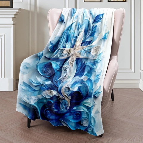 Manta de Franela con Cruz Abstracta 3D Arte de Remolino Azul Manta de Lana Suave para Sofá Decoración del Hogar
