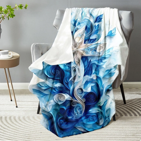 Manta de Franela con Cruz Abstracta 3D Arte de Remolino Azul Manta de Lana Suave para Sofá Decoración del Hogar