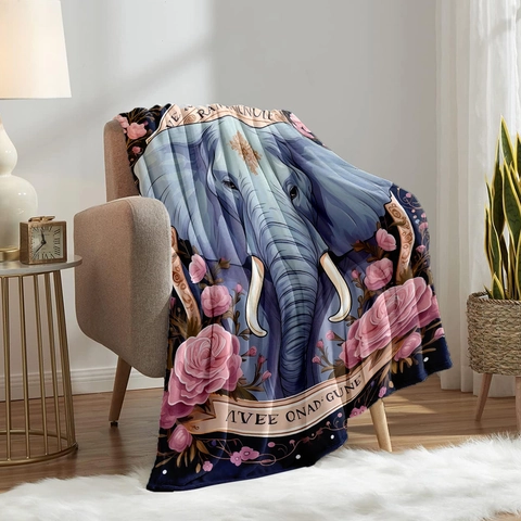 Soft Polyester Flannel Blanket Elephant And Rose Printed Sofa Throw Blanket Warm Decorative Nap Blanket For Home Office