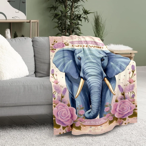 Morbida Coperta di Flanella Con Elefante Blu e Rose Rosa Stampata in Poliestere per Divano Letto Decorazione Casa