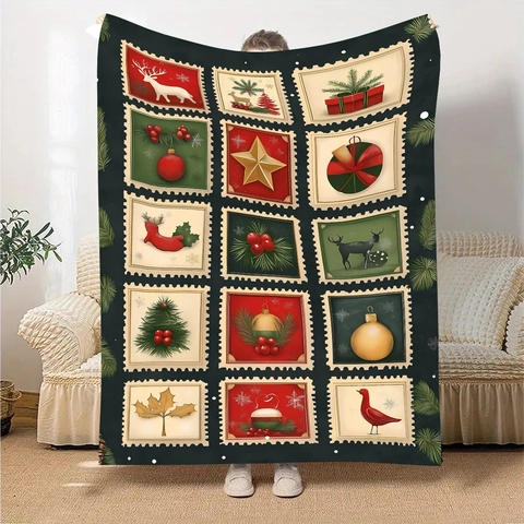 Vintage Christmas Stamp Pattern Flannel Blanket Soft Polyester Tapestry With Reindeer Tree Star Print Holiday Home Decor