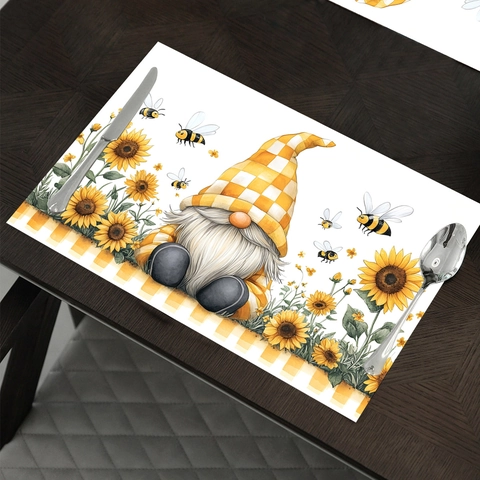 Rustieke Placemats Met Zonnebloem En Gnome Hittebestendige Wasbare Polyester Tafelmatten Voor Keuken En Eetkamer Decor