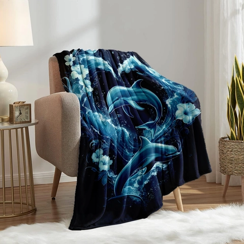 Manta de Franela de Estilo Americano con Patrón de Delfín Océano Cálida y Suave de Poliéster Polar para Sofá Cama Decoración