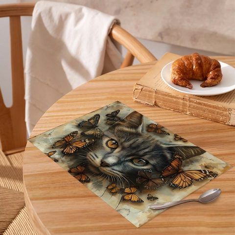 Artistic Cat Face Butterfly Table Placemat Heat Resistant Polyester Dining Decoration Table Mat Washable Protective Mat