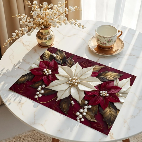 Weihnachten Poinsettia 3D Relief Tischset Polyester Wärmeisoliert Fleckenabweisend Tischmatte Für Esszimmer Feiertag Party Dekoration