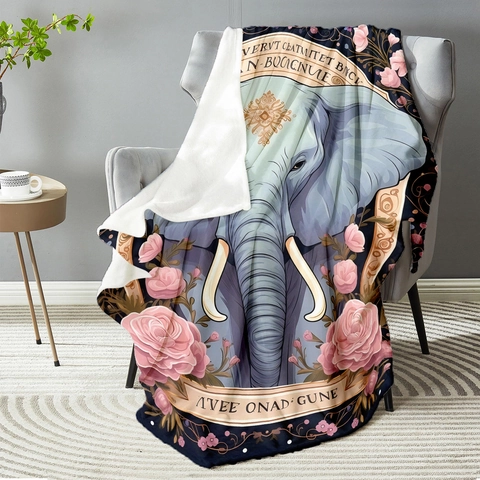 Soft Polyester Flannel Blanket Elephant And Rose Printed Sofa Throw Blanket Warm Decorative Nap Blanket For Home Office