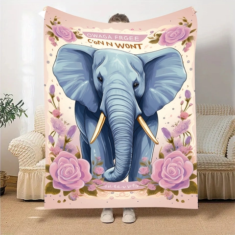 Morbida Coperta di Flanella Con Elefante Blu e Rose Rosa Stampata in Poliestere per Divano Letto Decorazione Casa