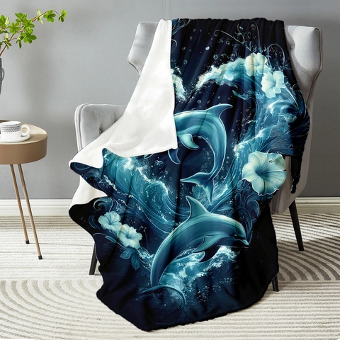 Manta de Franela de Estilo Americano con Patrón de Delfín Océano Cálida y Suave de Poliéster Polar para Sofá Cama Decoración