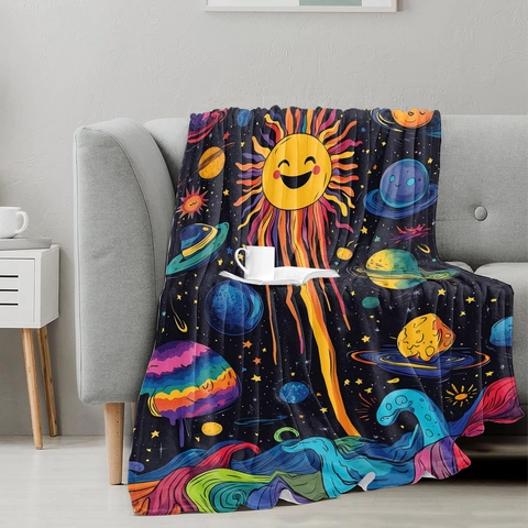 Cartoon Universe Space Planets Sun Flannel Throw Blanket Soft Polyester Nap Blanket For Bed Sofa Couch Home Decor