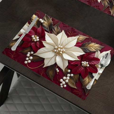 Weihnachten Poinsettia 3D Relief Tischset Polyester Wärmeisoliert Fleckenabweisend Tischmatte Für Esszimmer Feiertag Party Dekoration