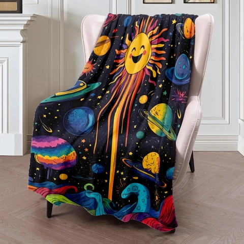 Cartoon Universe Space Planets Sun Flannel Throw Blanket Soft Polyester Nap Blanket For Bed Sofa Couch Home Decor