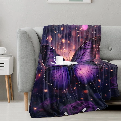 Coperta di Flanella con Stampa Digitale Farfalla Viola Misteriosa Morbida Coperta Cielo Stellato per Divano Letto Arredamento Casa