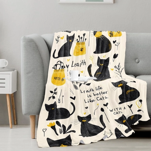 Cartoon Cat Printed Flannel Fleece Blanket Soft Warm Polyester Throw For Sofa Couch Bed Nap Home Decor Fleece Blanket