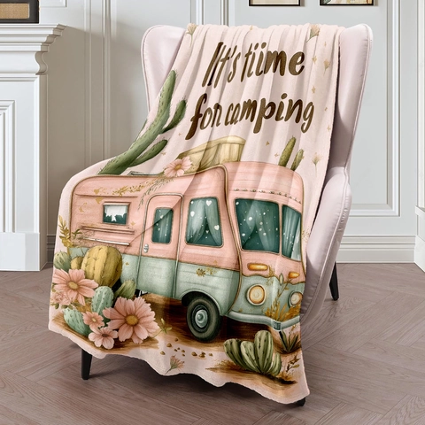 Coperta in Flanella Stampata Camper Bohémien Coperta in Pile Morbido per Casa Campeggio Rosa Motivo Floreale Cactus Decorativo