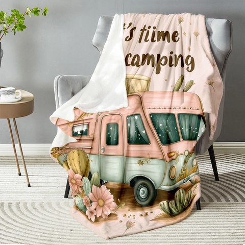 Coperta in Flanella Stampata Camper Bohémien Coperta in Pile Morbido per Casa Campeggio Rosa Motivo Floreale Cactus Decorativo