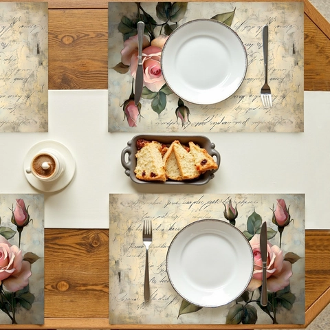 Retro Pink Rose Floral Polyester Placemats Heat Resistant Washable Table Mat For Dining Wedding Festive Party Decor
