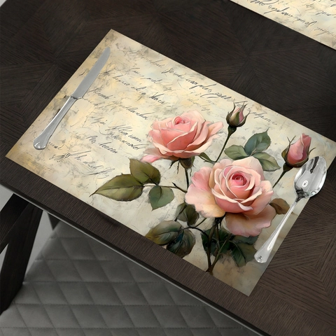 Retro Pink Rose Floral Polyester Placemats Heat Resistant Washable Table Mat For Dining Wedding Festive Party Decor