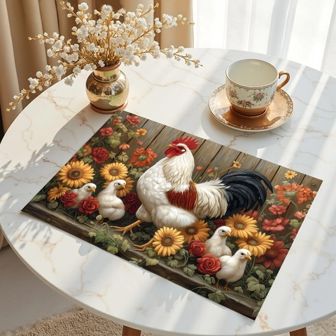 Farmhouse Rooster Sunflower Placemat Polyester Heat Resistant Anti Stain Rectangular Table Mat For Dining Room Kitchen Home Decor