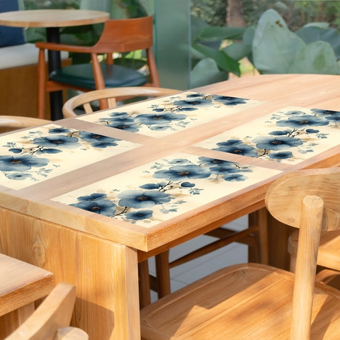 Creamy Watercolor Blue Floral Polyester Placemats Heat Resistant Washable Rectangular Table Mats For Home Dining Kitchen Decor