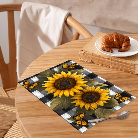 Sunflower Butterfly Buffalo Plaid Placemat Heat Resistant Washable Polyester Table Mat For Kitchen Dining Room Home Decor