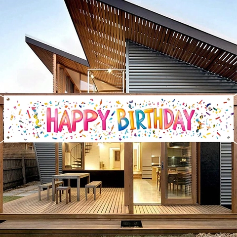 Grote Kleurrijke Confetti Happy Birthday Banner Polyester Stof Buiten Binnen Feest Achtergrond Hangende Vlag Metalen Oogjes