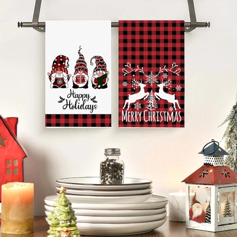 Kerst Keuken Handdoeken Polyester Kabouter Sneeuwpop Rendier Patroon Buffalo Ruit Feestelijke Decoratieve Theedoeken Voor Thuis Cadeau