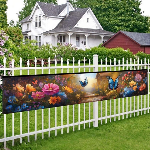 Blumen Schmetterling Thema Party Banner Polyester Outdoor Garten Zaun Dekoration Frühling Sommer Hintergrund Ölgemälde Stil Wandbehang