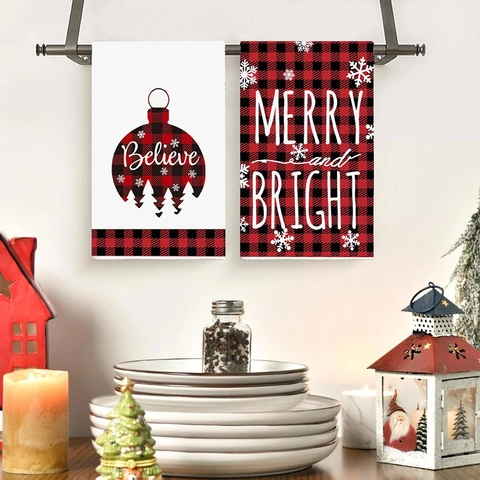 Juego de Toallas de Cocina de Navidad Cuadros Buffalo Copo de Nieve Bola de Navidad Estampado Poliéster para Decoración de Baño
