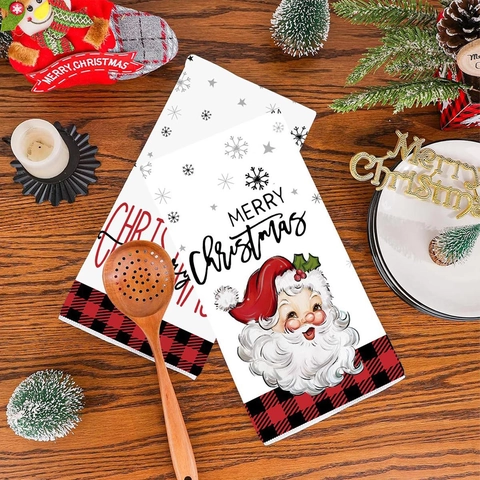 Vintage Kerst Kerstman Handdoeken Voor Keuken Badkamer Polyester Bedrukt Ruitpatroon Feestdagen Party Home Decor