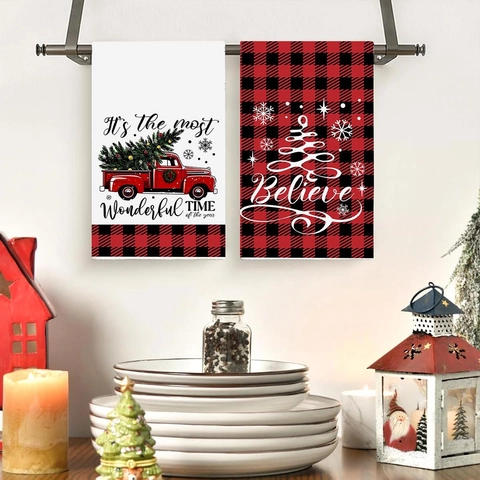 Kerst Handdoeken Buffalo Ruit Collectie Voor Keuken Badkamer Decor Rode Vrachtwagen Kerstman Sneeuwpop Bedrukte Polyester Handdoeken