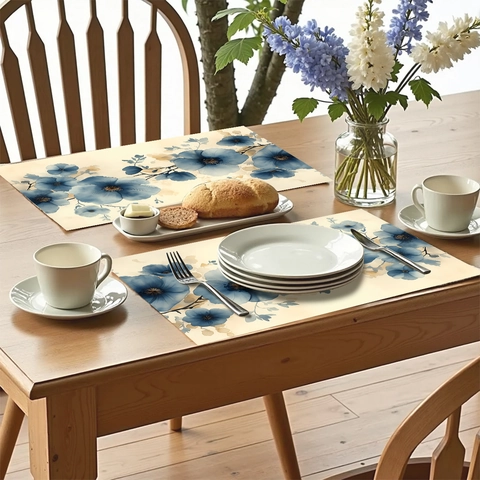 Creamy Watercolor Blue Floral Polyester Placemats Heat Resistant Washable Rectangular Table Mats For Home Dining Kitchen Decor