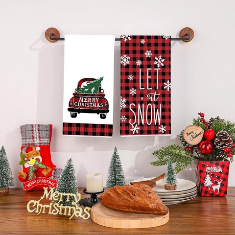 Juego de Toallas de Cocina de Navidad Cuadros Buffalo Copo de Nieve Bola de Navidad Estampado Poliéster para Decoración de Baño