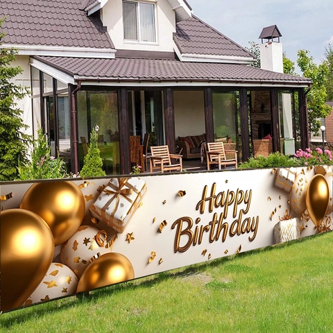 Luxury Happy Birthday Banner Gold Balloon Gift Box Pattern Polyester Outdoor Yard Party Backdrop Hanging Decoration