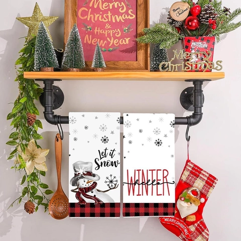 Vintage Kerst Kerstman Handdoeken Voor Keuken Badkamer Polyester Bedrukt Ruitpatroon Feestdagen Party Home Decor