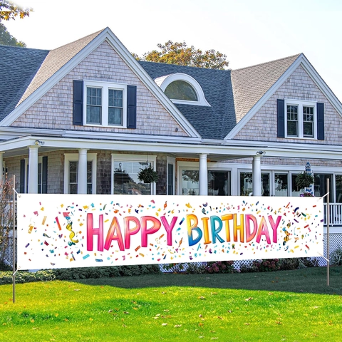 Grote Kleurrijke Confetti Happy Birthday Banner Polyester Stof Buiten Binnen Feest Achtergrond Hangende Vlag Metalen Oogjes