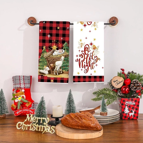 Christmas Kitchen Hand Towels Buffalo Plaid Nativity Angel Design Polyester Tea Towels For Holiday Home Party Decor