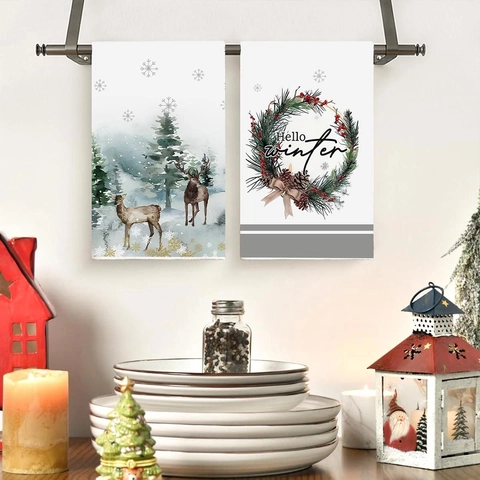 Toallas de Mano de Navidad de Poliéster Absorbente para Cocina Con Estampado de Piñas Árboles y Renos para Decoración