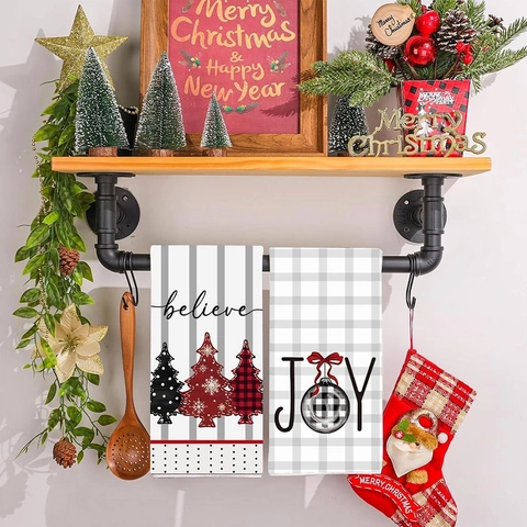 Asciugamani Natalizi Decorativi per Cucina Strofinacci in Poliestere a Righe Albero di Natale Stampe Believe Joy Decorazione per Feste
