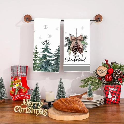 Toallas de Mano de Navidad de Poliéster Absorbente para Cocina Con Estampado de Piñas Árboles y Renos para Decoración