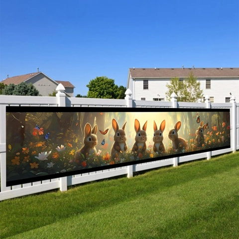 Forest Rabbit Garden Banner Polyester Spring Summer Outdoor Fence Decoration Floral Animal Cartoon Party Atmosphere Banner