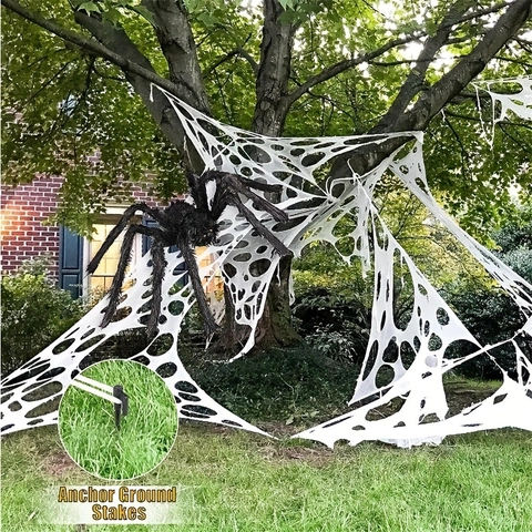 Telaraña Triangular Blanca Gigante y Araña Peluda Negra Grande con Estacas Decoración de Halloween Exterior para Jardín