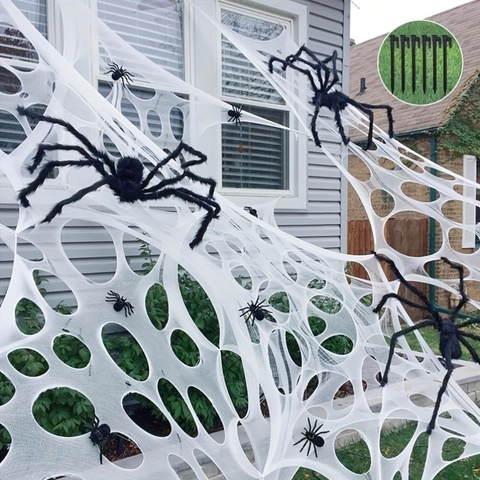 Telaraña Triangular Blanca Gigante y Araña Peluda Negra Grande con Estacas Decoración de Halloween Exterior para Jardín