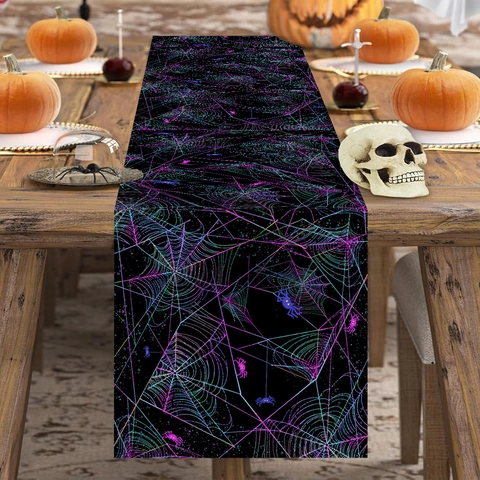 Halloween Spinnenweb Tafelloper Neon Paars Cyaan Patroon Polyester Stof Voor Eetkamer Feest Tafeldecoraties